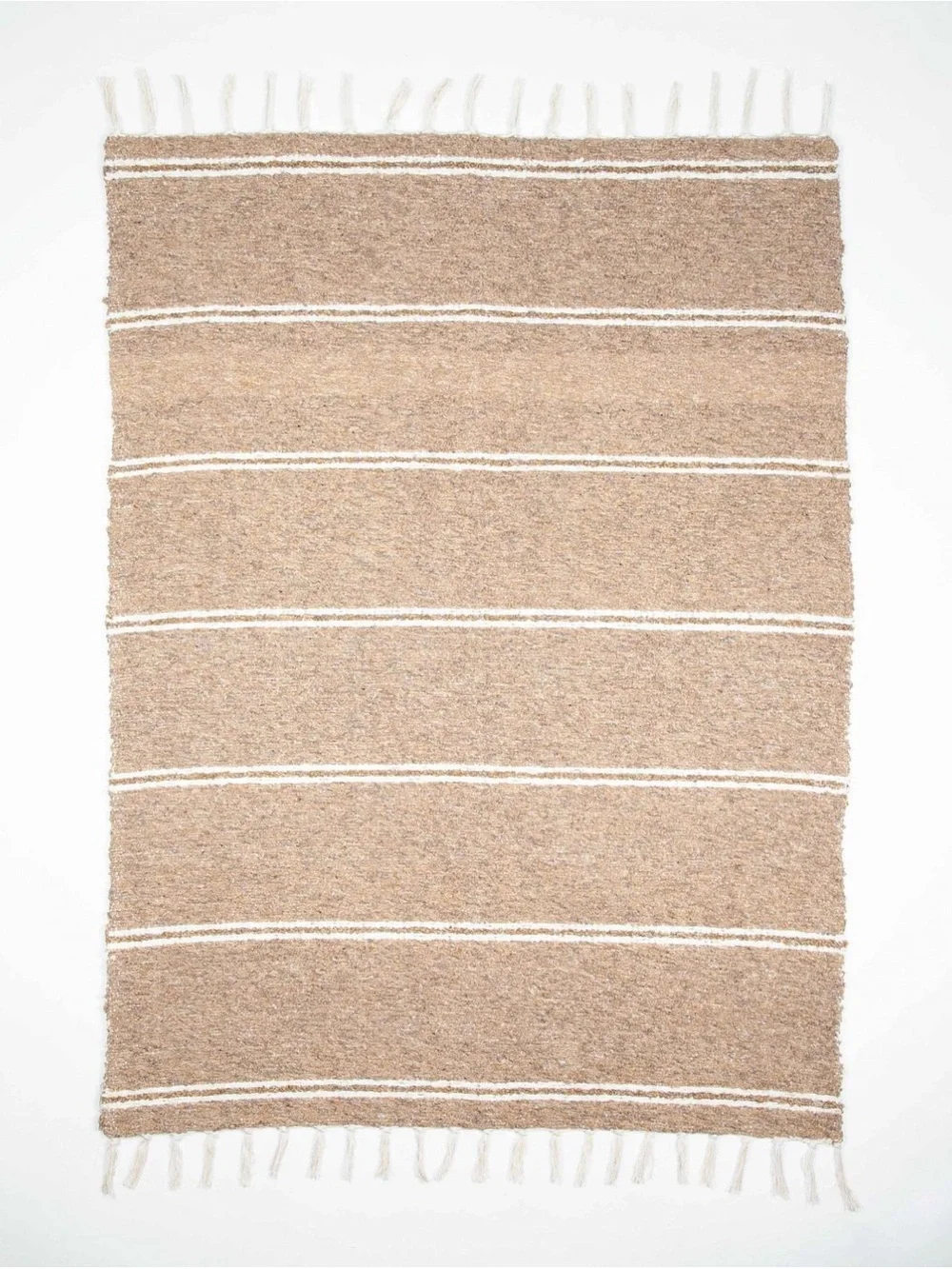 Woven Cotton Picnic Blanket Beige Striped Fringe Boho Farmhouse